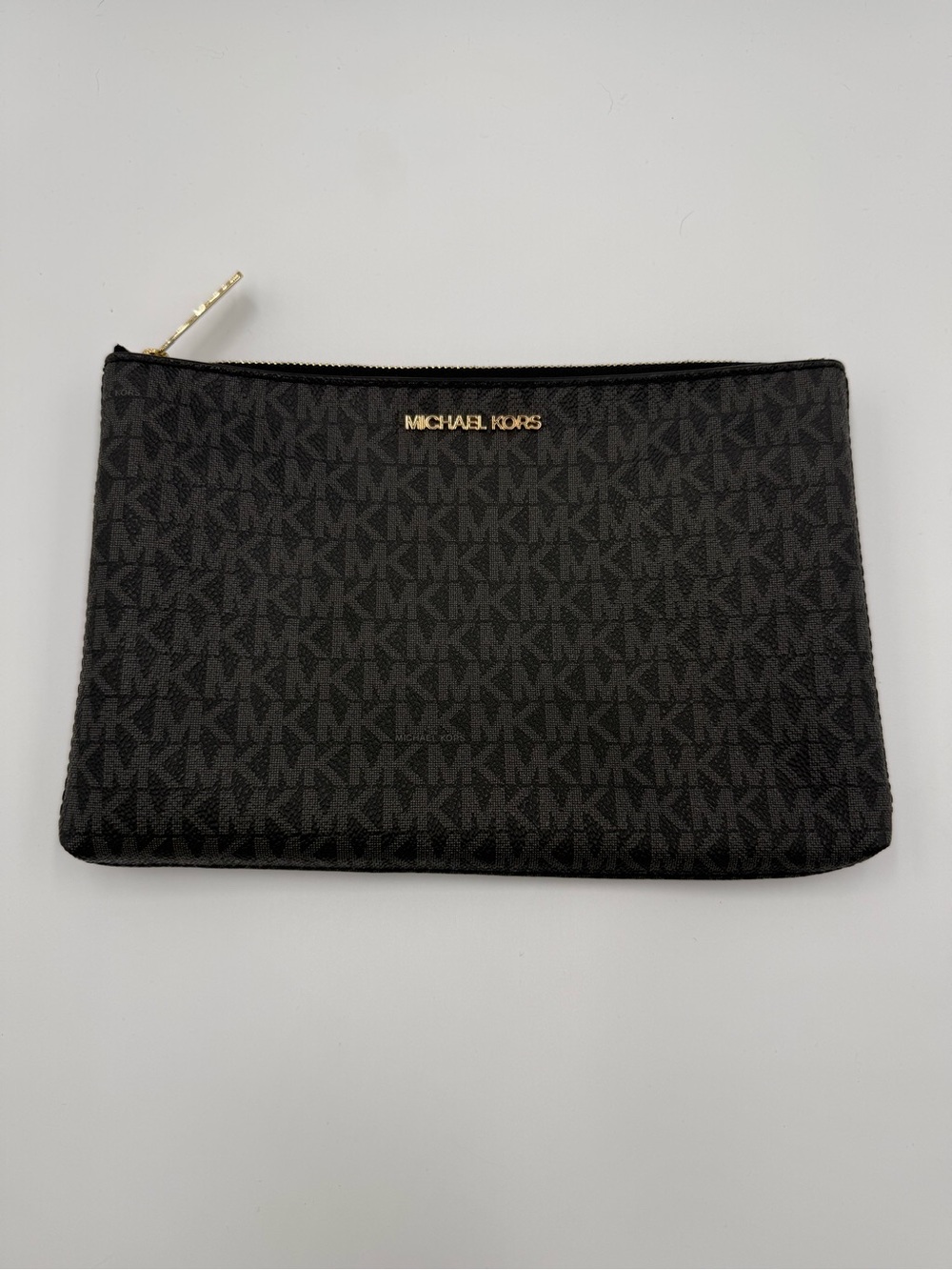 Michael Kors Black Monogram Zip Pouch with Gold Hardware and chain strap
